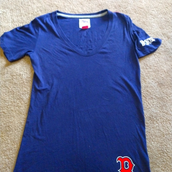 VS Victoria Secret PINK Boston Red Sox MLB Logo V Neck Tee Top S Navy Red S Sm - Picture 4 of 9